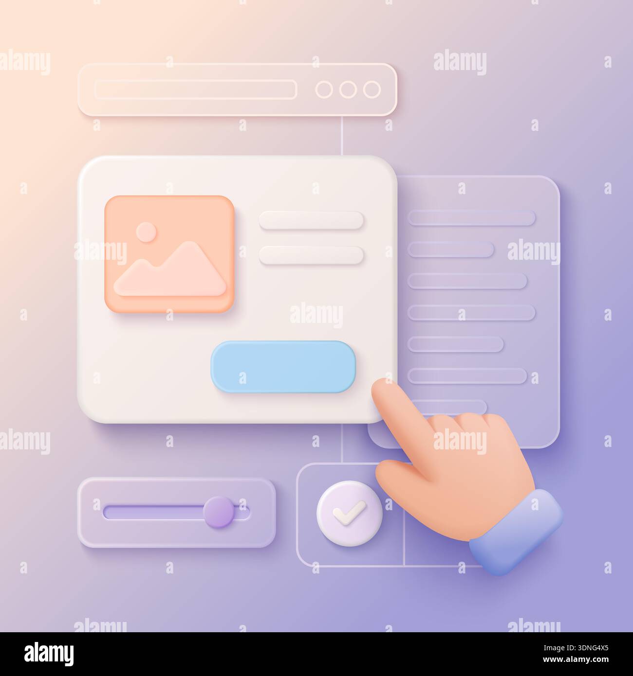 cartone animato 3d che fa clic a mano sulla scheda di interfaccia web, prototipo di progettazione ux dell'interfaccia utente moderna con pulsanti, cursore e segnaposto immagine su illustrazione vettoriale di sfondo con sfumatura morbida Illustrazione Vettoriale