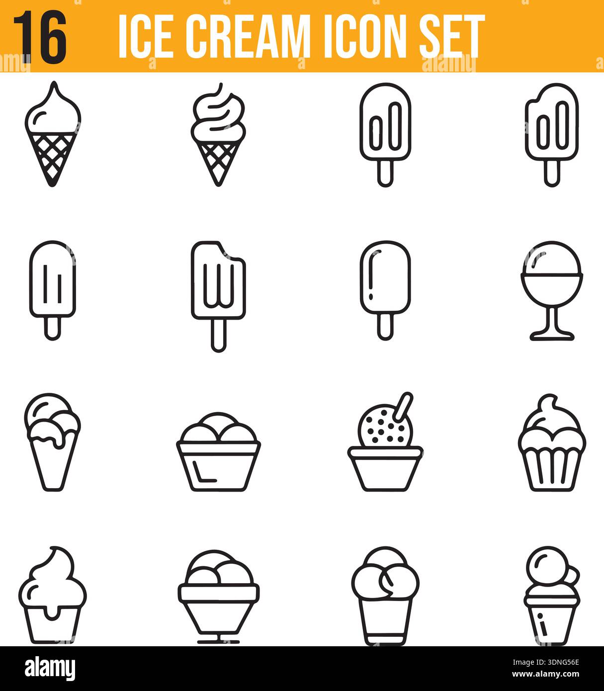 Set di icone di gelato dal profilo moderno per menu dessert app per la consegna di alimenti materiali di marketing estivi e promozioni per dolci per siti Web Illustrazione Vettoriale