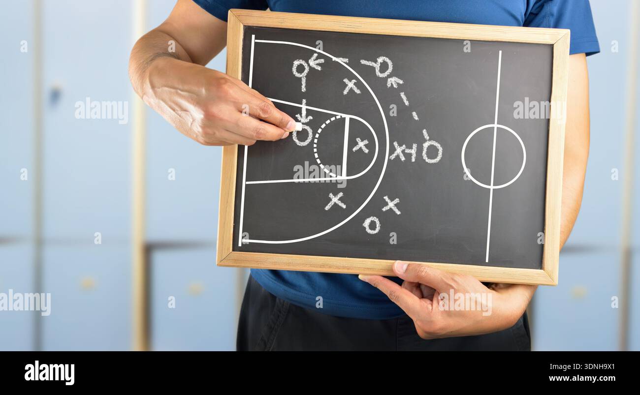 mano di un allenatore di pallacanestro che disegna una tattica di basket con gesso bianco sulla lavagna nello spogliatoio Foto Stock