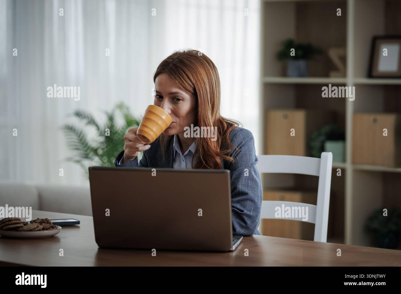 Una persona siede a un tavolo con un notebook aperto davanti a lei. Beve da una tazza e si concentra sul suo lavoro. I biscotti sono visibili nelle vicinanze. Foto Stock