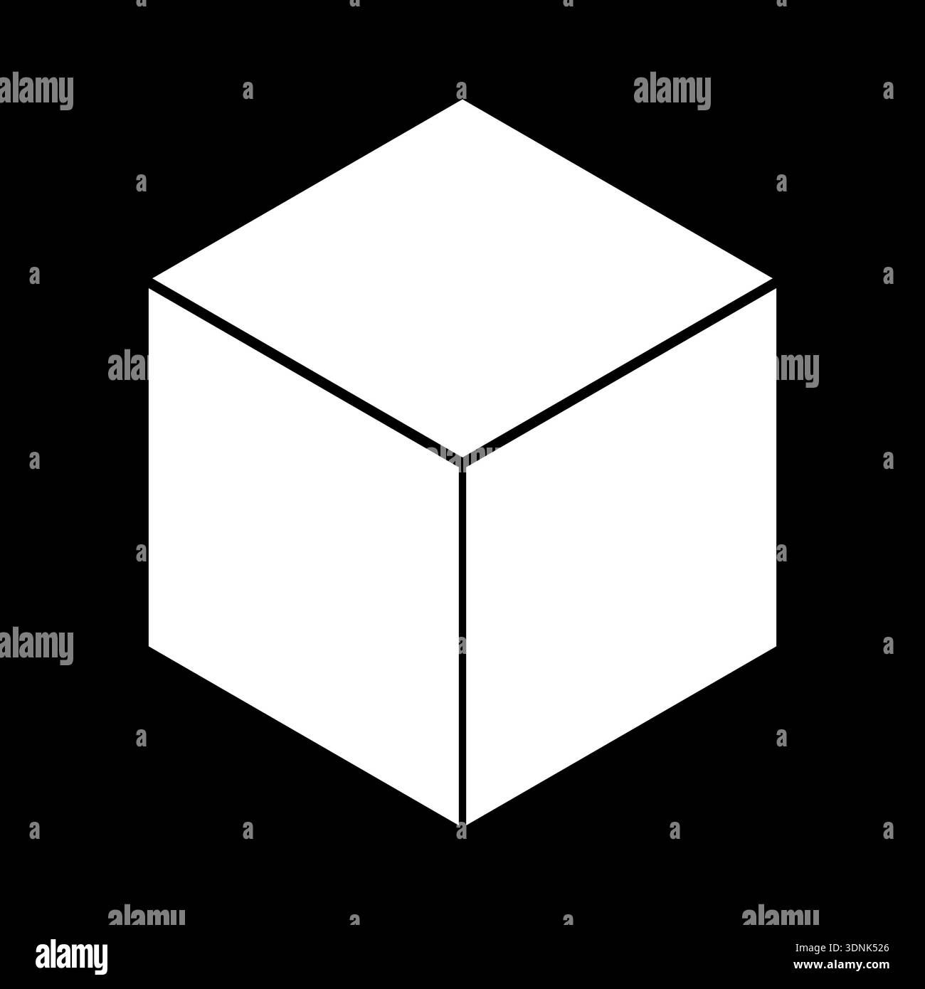 Cubo con contorno bianco Stark. Simbolismo della struttura geometrica. Illustrazione del vettore isometrico. Atmosfera di sfondo ad alto contrasto. Illustrazione Vettoriale