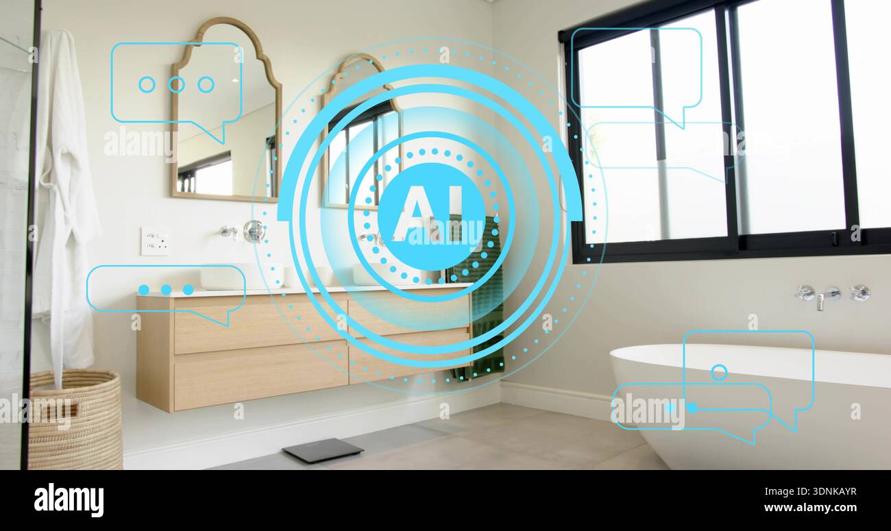 Effetto IA turchese sospeso su un bagno minimalista, con icone a forma di bolla e accappatoio Foto Stock