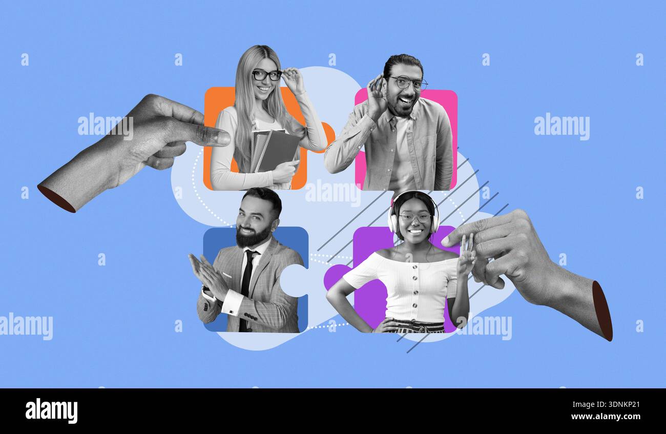 Mosaico di persone impegnate in varie attività in un ambiente Creative Collage Foto Stock