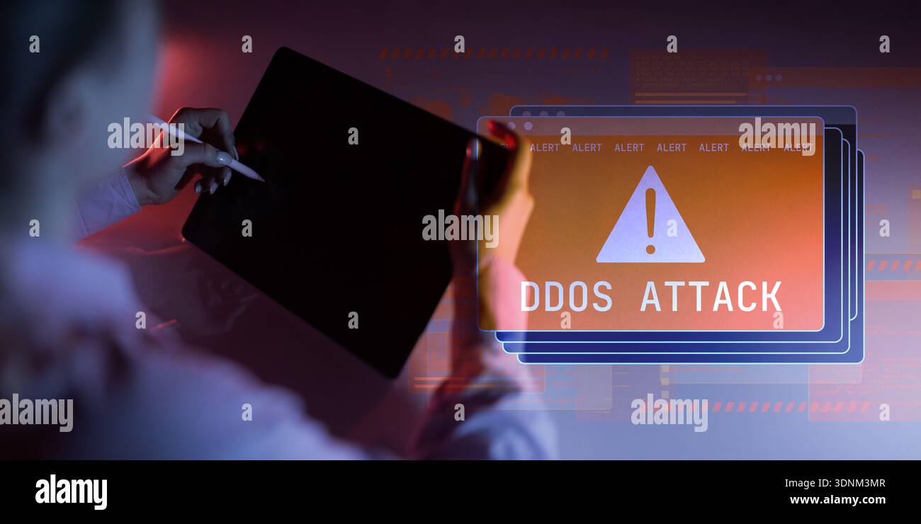 Minacce alla sicurezza informatica e prevenzione degli attacchi DDoS nelle reti aziendali. Foto Stock