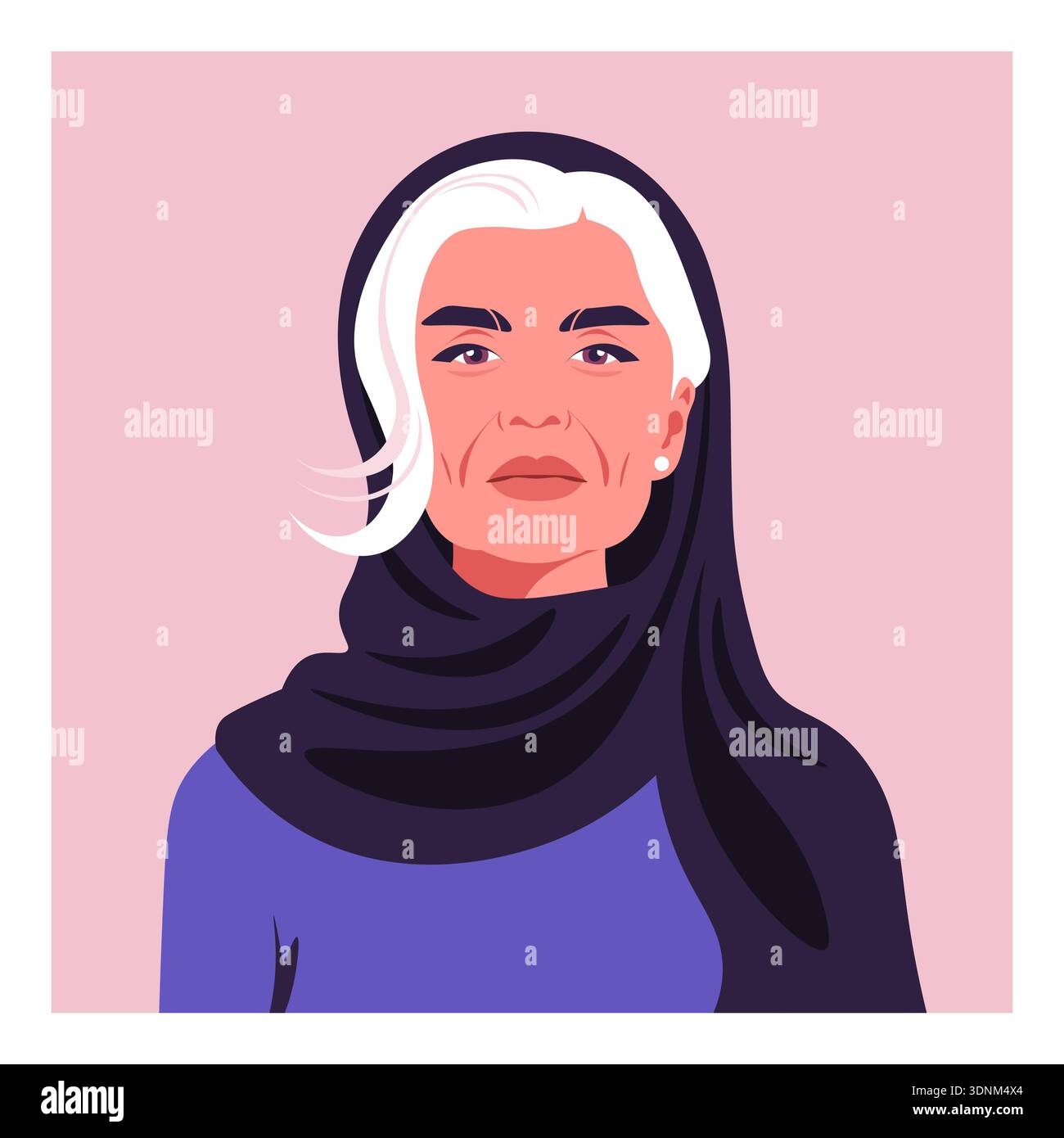 Anziana donna araba con velo, nonna musulmana, illustrazione piatta vettoriale mediorientale. Illustrazione Vettoriale
