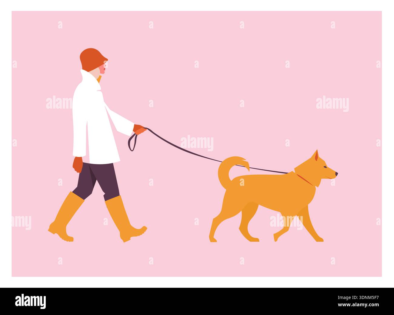 Donna che cammina con cane al guinzaglio, stile di vita urbano quotidiano, vettore piatto minimalista per poster, blog e branding per animali domestici. Illustrazione Vettoriale