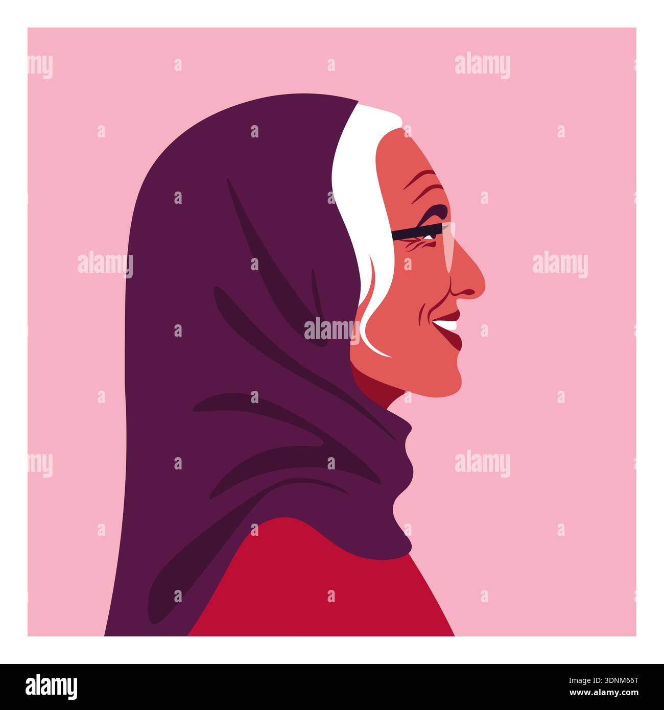 Felice anziana donna araba con il velo, profilo di nonna musulmana, illustrazione piatta vettoriale mediorientale. Illustrazione Vettoriale