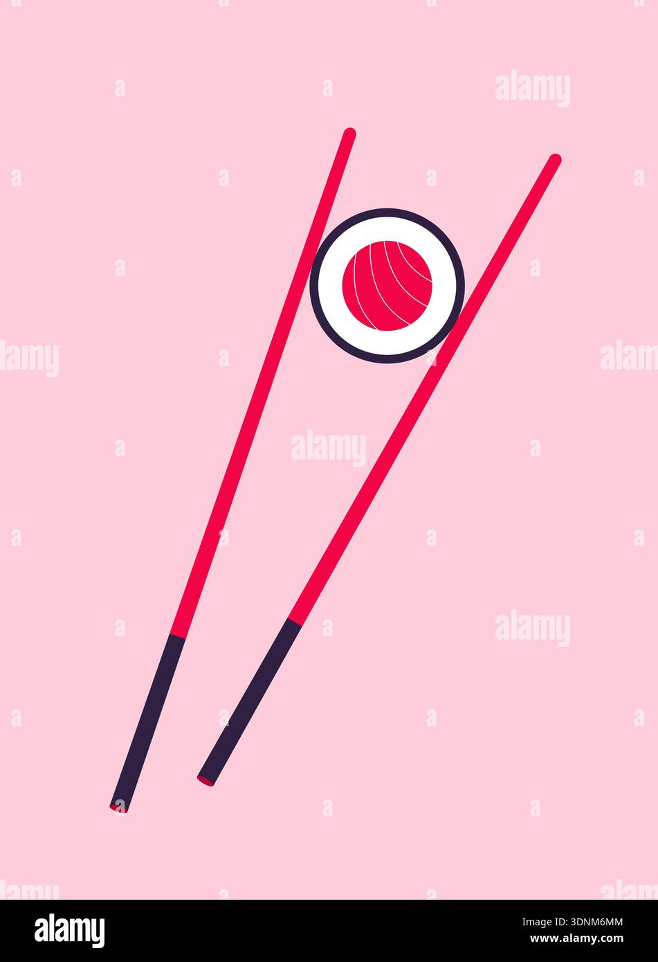 Sushi con bacchette su sfondo rosa, simbolo della cucina giapponese, vettore moderno per menu e progetti culturali. Illustrazione Vettoriale