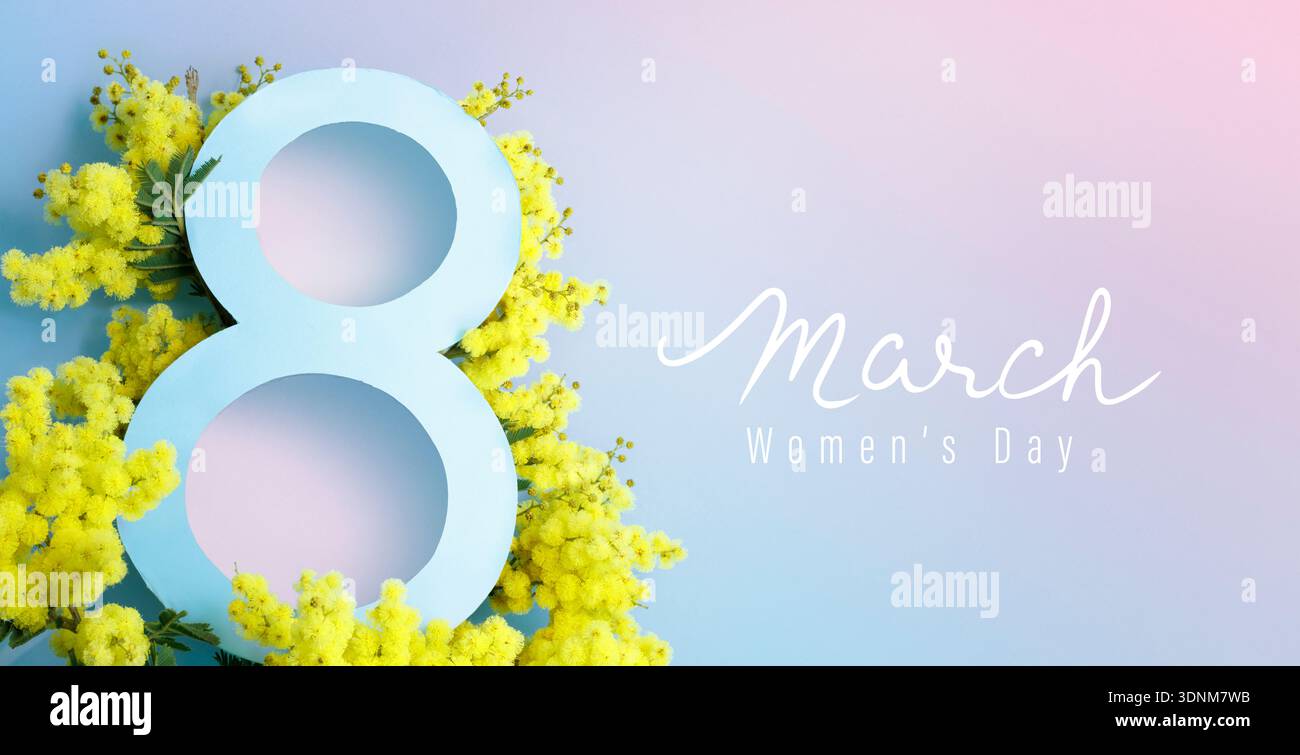 Mimosa 8 marzo - testo per la giornata della donna - moderno biglietto d'auguri Foto Stock