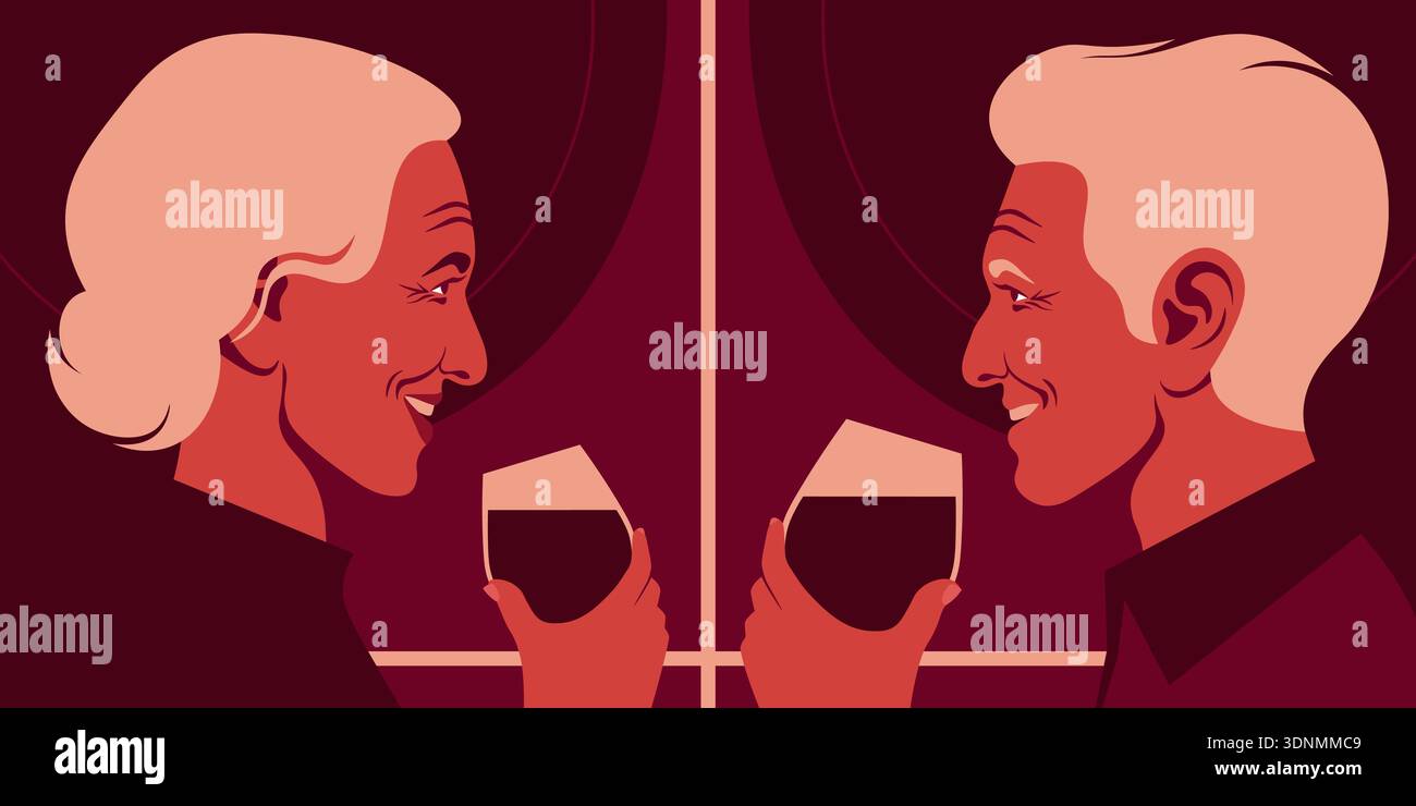 Uomo e donna anziani che reggono bicchieri di vino rosso, sommelier coppia profilo ritratto in stile illustrazione vettoriale piatto. Illustrazione Vettoriale