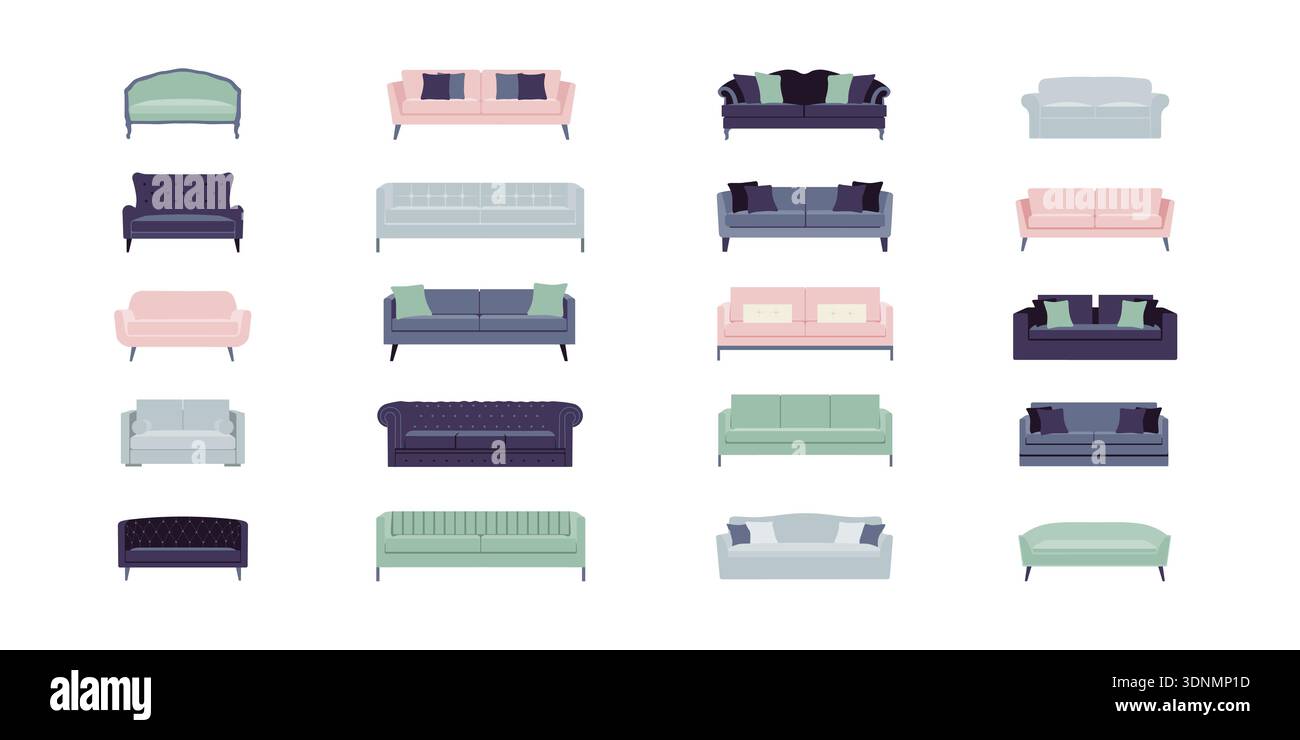 Collezione di modelli di divani, set di mobili moderni alla moda per interni di casa e ufficio in stile grafico vettoriale piatto. Illustrazione Vettoriale