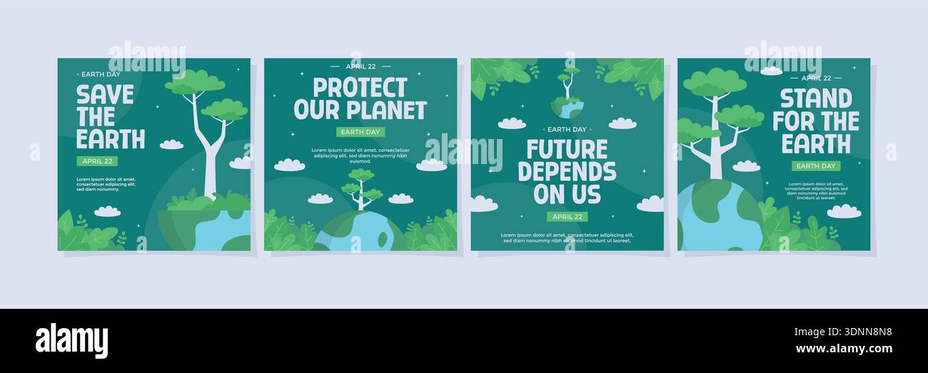 Set di post-design sui social media della giornata della Terra con pianeta stilizzato, alberi, nuvole e stelle su sfondo verde scuro. Ideale per eventi naturalistici. Illustrazione Vettoriale