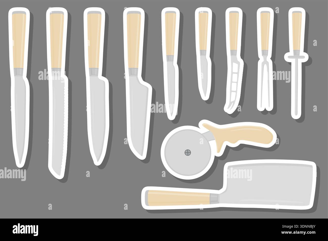 Illustrazione sul tema Set di colori grandi diversi tipi coltello dimensioni diverse per macellaio, modello di coltello kit composto da accessorio di raccolta per macelleria Illustrazione Vettoriale
