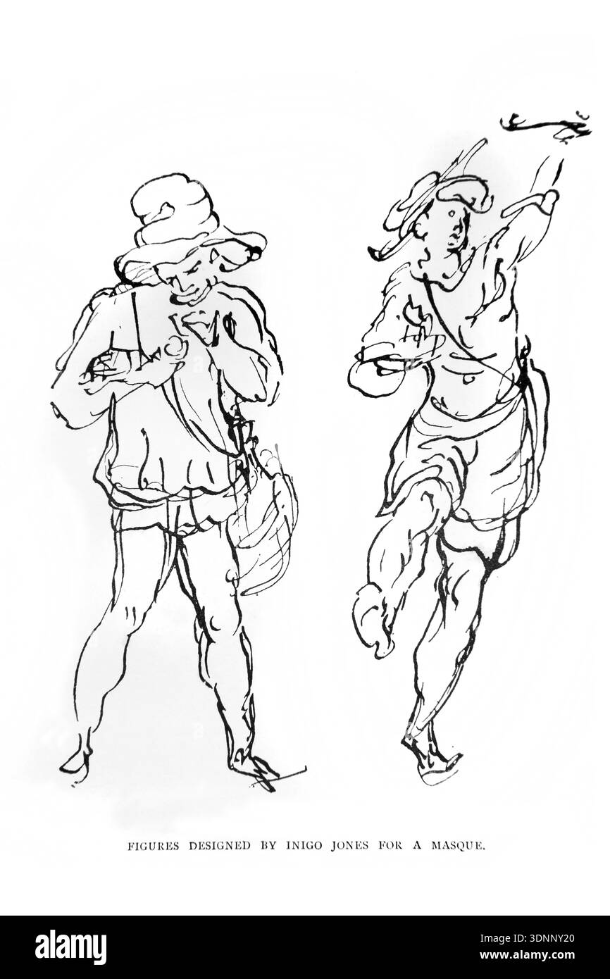 Illustrazione di figure disegnate da Inigo Jones un architetto inglese per una maschera dall'edizione 1898 di A Short History of the English People di J. Foto Stock