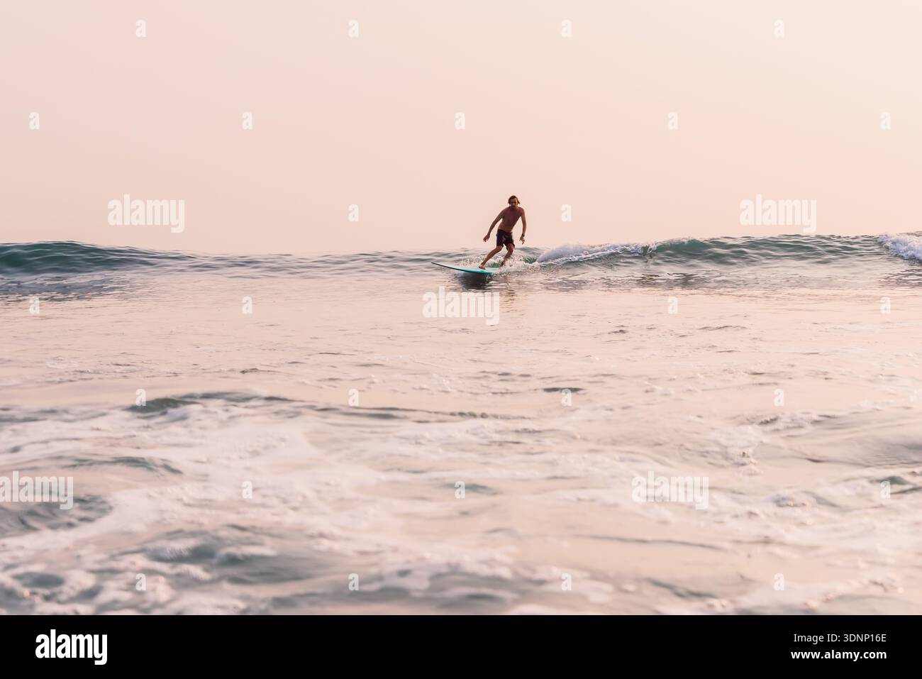 Surfista che cavalca una piccola onda al tramonto dorato. Surf su longboard Foto Stock