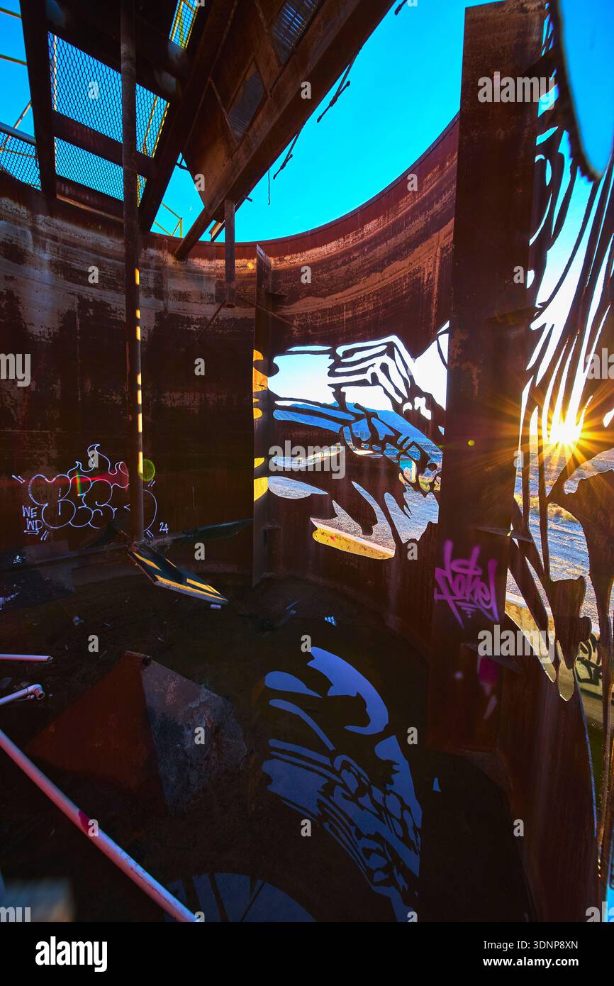 Graffiti Art Sunburst e pareti arrugginite nell'abbandonata Goldome Mill California Foto Stock