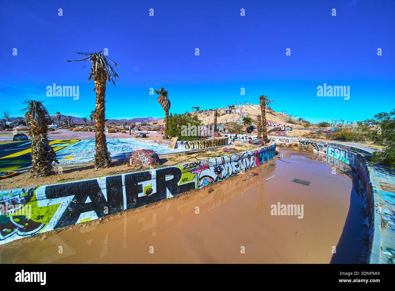 Parco acquatico abbandonato Graffiti con palme e paesaggio desertico in California Foto Stock