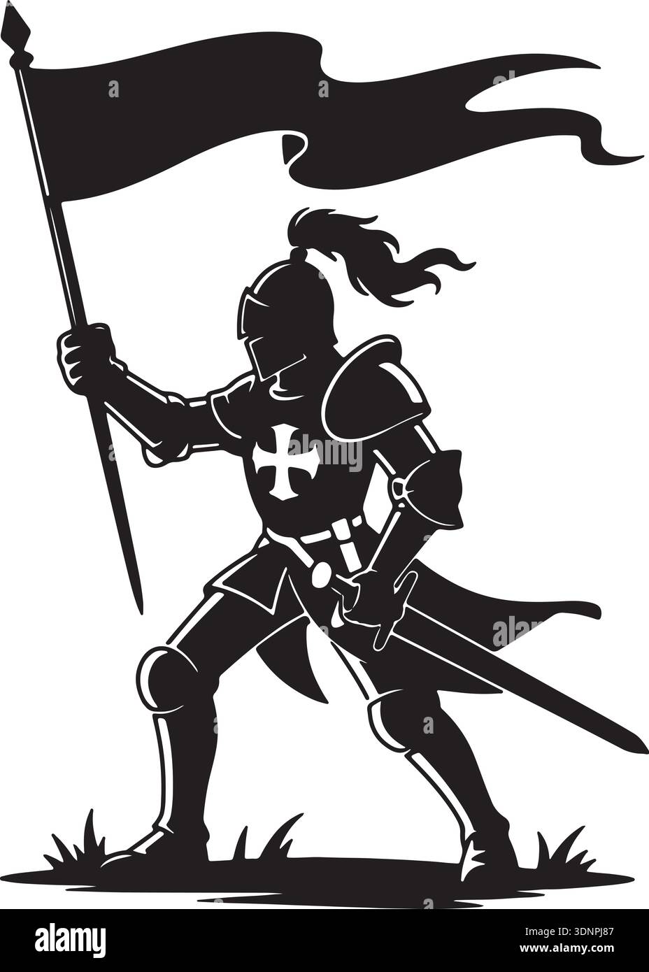 Potente cavaliere medievale con armatura completa, una silhouette dinamica, è orgoglioso di reggere una grande bandiera fluente e una spada affilata, a simboleggiare la forza. Illustrazione Vettoriale