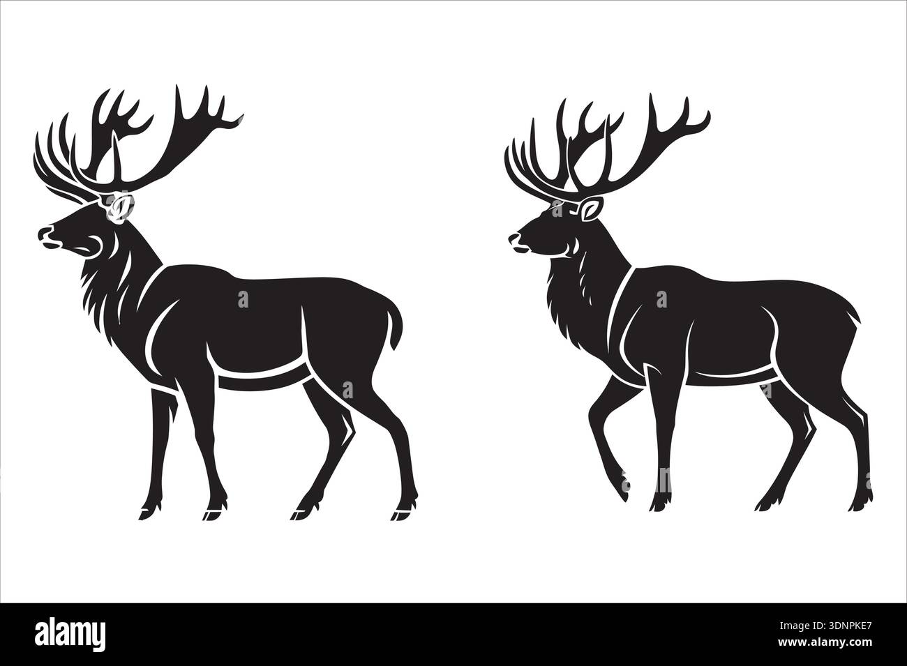 Maestose silhouette di cervi neri e cervi da passeggio con grandi corna su uno sfondo bianco pulito, ideali per la fauna selvatica, la natura, la caccia o l'eleganza. Illustrazione Vettoriale