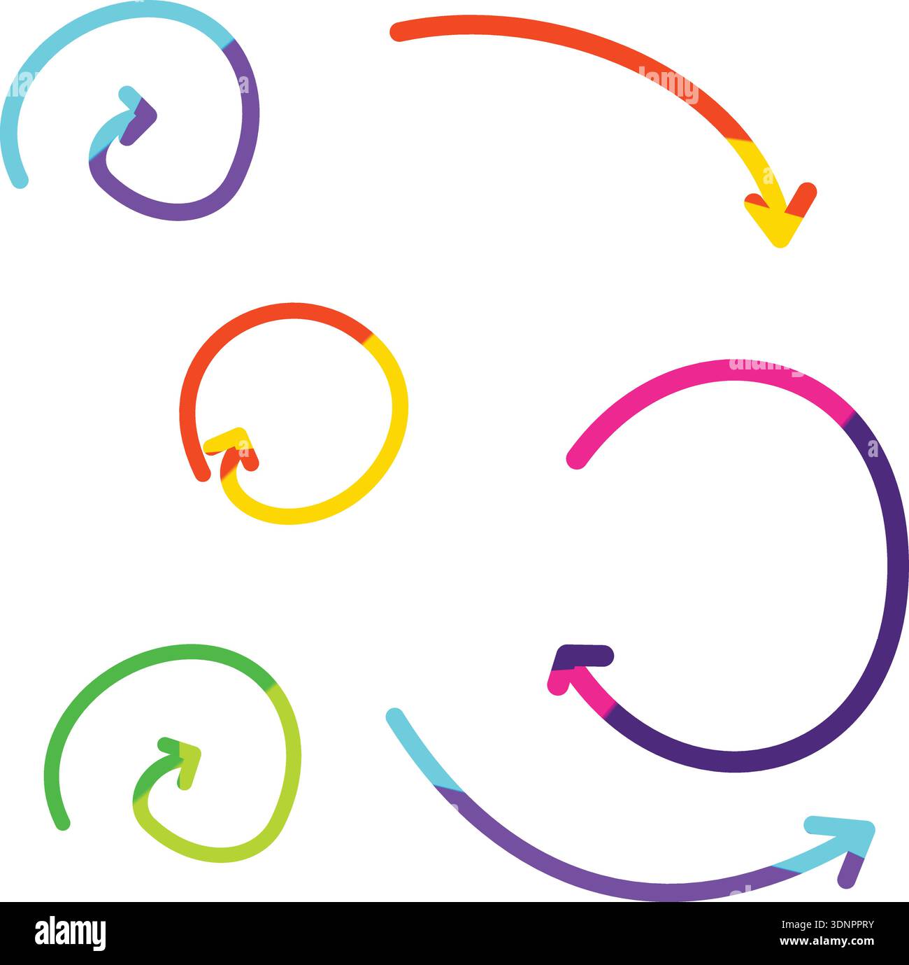 Raccolta di frecce circolari e curve a gradiente colorato che illustrano cicli e direzioni Illustrazione Vettoriale