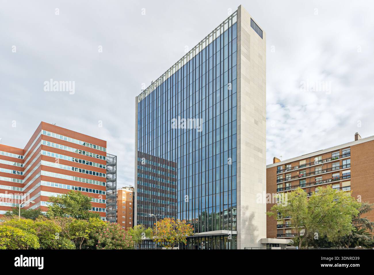 Edificio pubblico con un reticolo di finestre rettangolari che coprono completamente la sua superficie esterna senza interruzioni. Foto Stock