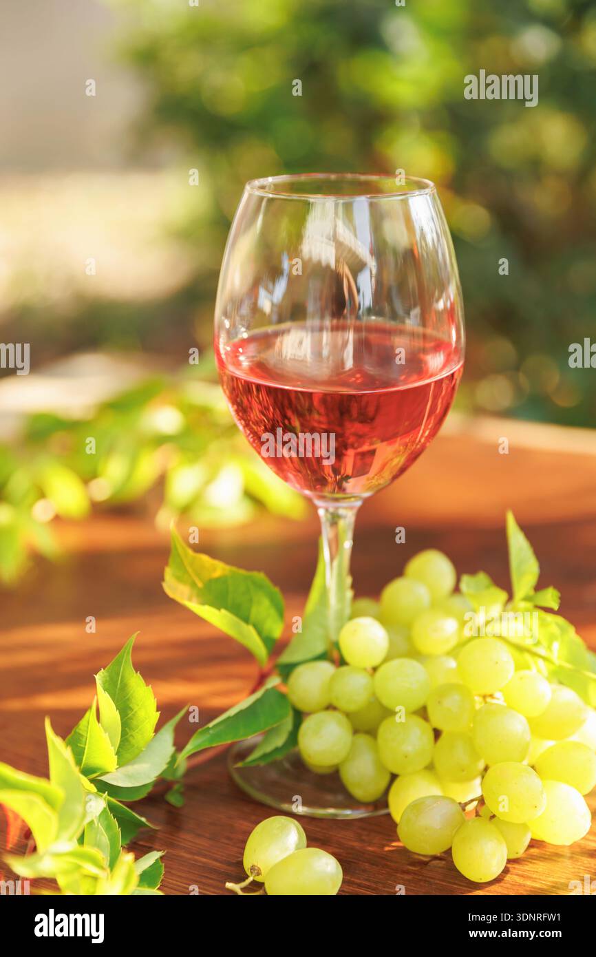 Vino rosa e uva da vigna alla luce dell'estate Foto Stock