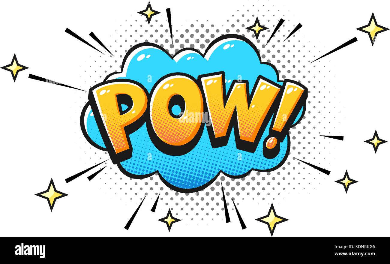 Pow Comic Text Pop Art Explosion with Speech Bubble, Halftone Dots, Dynamic Rays, Sparkes. Effetto retro Cartoon Sound per Action Design. Potente accento di espressione Manga. Illustrazione vettoriale Illustrazione Vettoriale