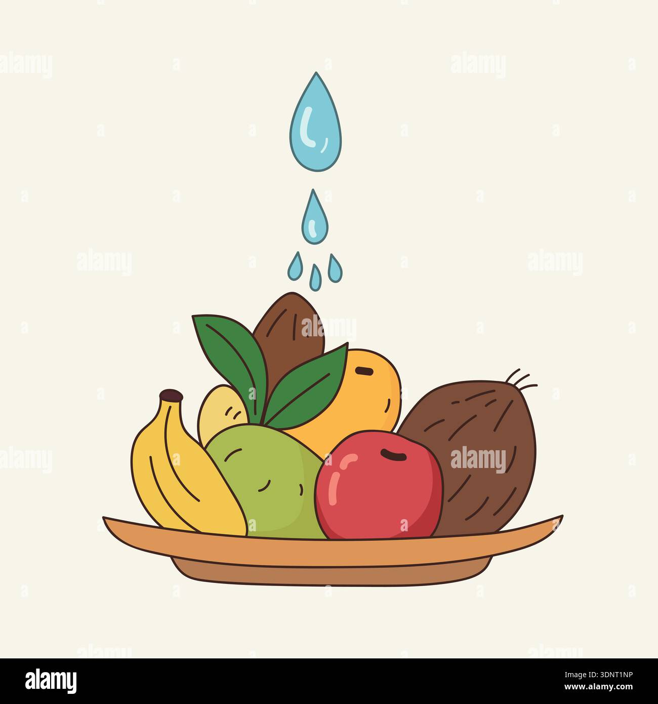 Ciotola di frutta fresca tropicale con gocce d'acqua pura e prodotti biologici Illustrazione Vettoriale