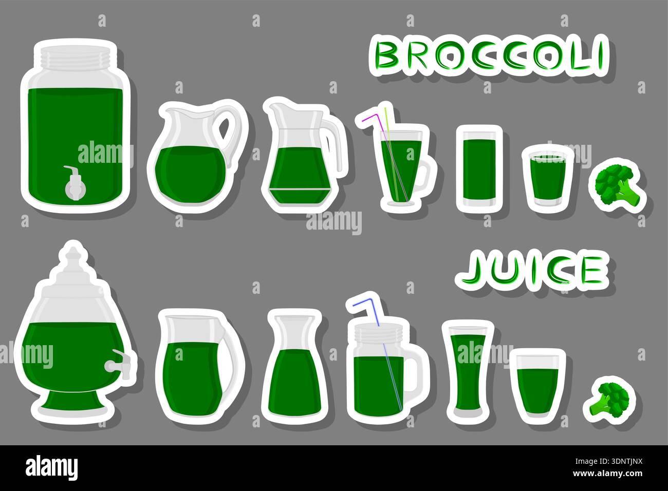 Illustrazione sul tema grande kit diversi tipi di vetreria, broccoli broccoli di varie dimensioni, vetreria costituita da broccoli organici in plastica per broccoli fluidi, Illustrazione Vettoriale