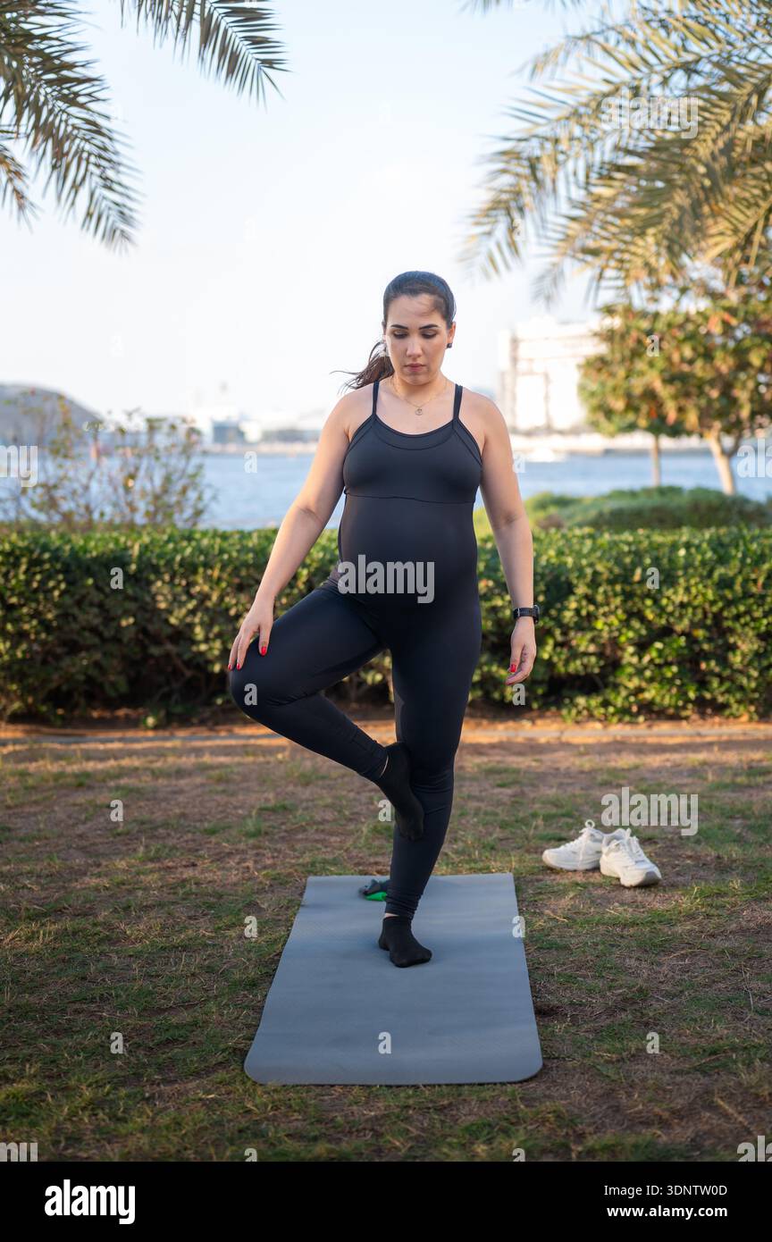 Una donna incinta in abbigliamento atletico si bilancia su una gamba in una graziosa posa yoga su un tappetino grigio, accanto a un parco e al lungomare, godendosi una tranquilla mamma fitness Foto Stock