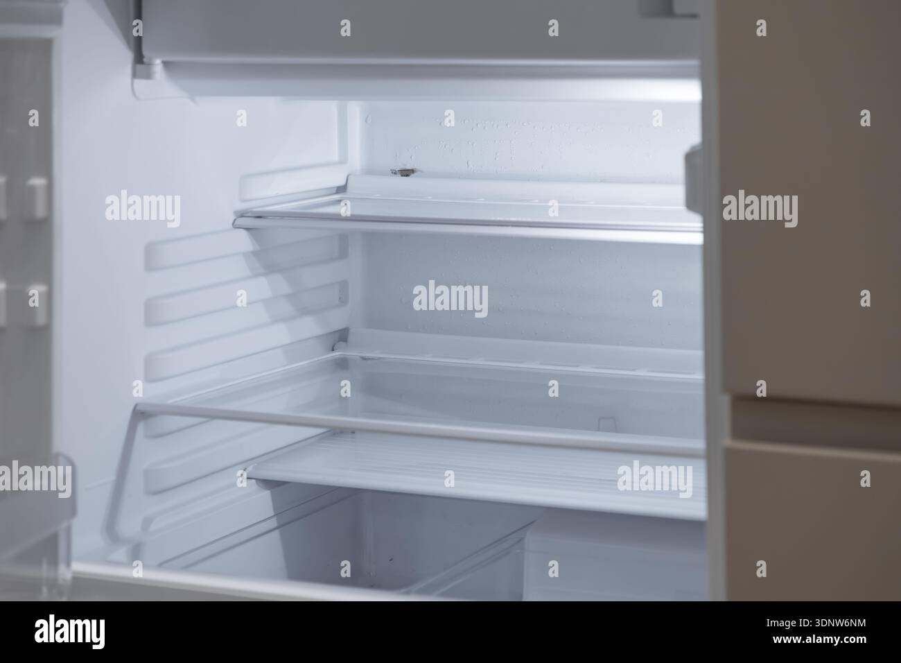 Luminoso all'interno di un frigorifero moderno e vuoto, con ripiani in vetro immacolati, perfetto per iniziare bene la giornata, conservare cibo o casa Foto Stock