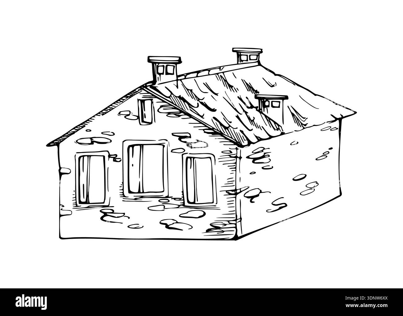 Illustrazione con inchiostro disegnato a mano di una rustica casa colonica in pietra con persiane e muri in mattoni testurizzati. Elemento architettonico di campagna per il design dei viaggi Illustrazione Vettoriale