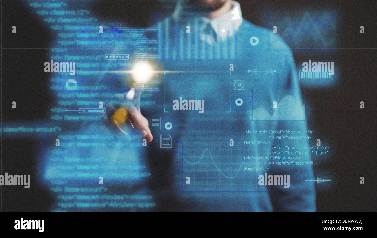 La persona utilizza strumenti digitali per analizzare i dati su uno schermo trasparente in un ufficio Foto Stock