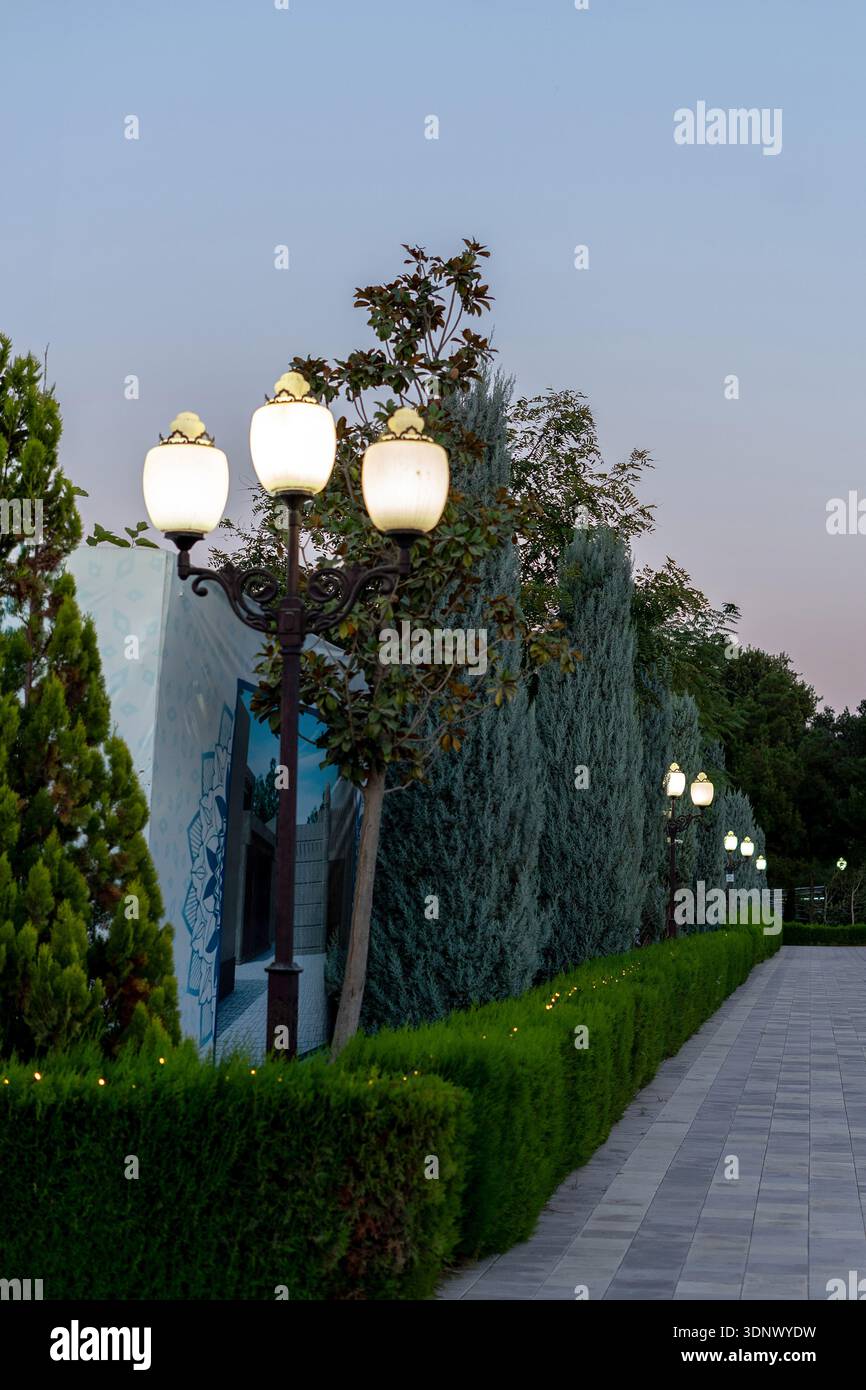 Tashkent, Uzbekistan, 24 settembre 2024: Un vicolo nel parco Navruz, cespugli verdi, abeti e lanterne che bruciano al tramonto Foto Stock