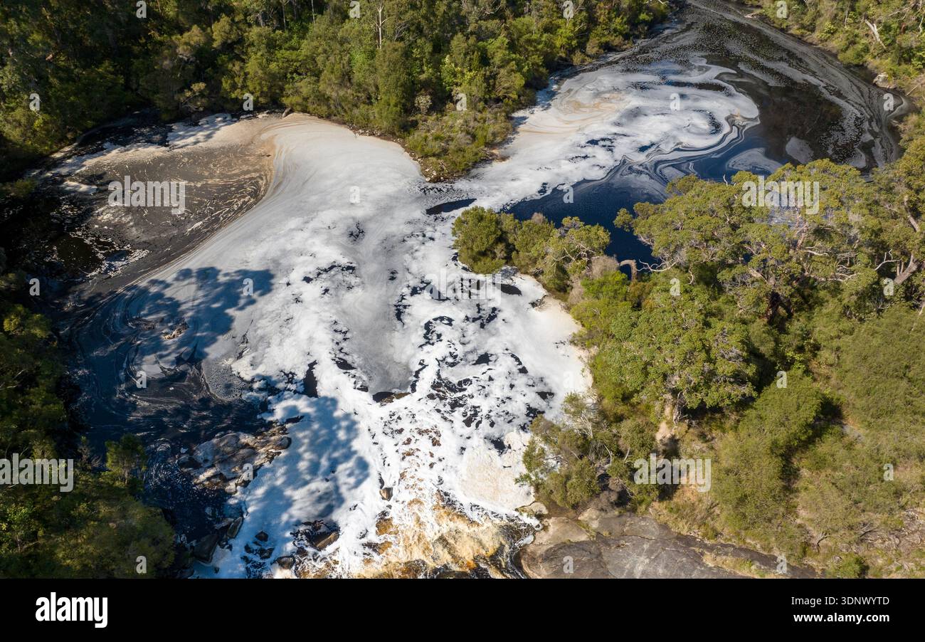 Una prospettiva aerea rialzata mostra una nuvolosa piscina fluviale con vorticosi motivi di schiuma, che scorre sopra le rocce e delimitata da una fitta foresta verde. Foto Stock