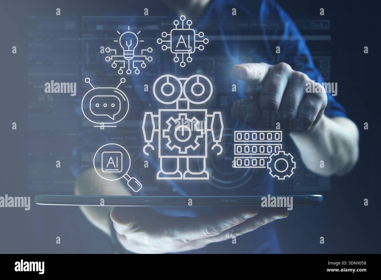 L'utente interagisce con icone di intelligenza artificiale e simboli di automazione robotica su un tablet digitale, concetto di apprendimento automatico e industriale intelligente Foto Stock
