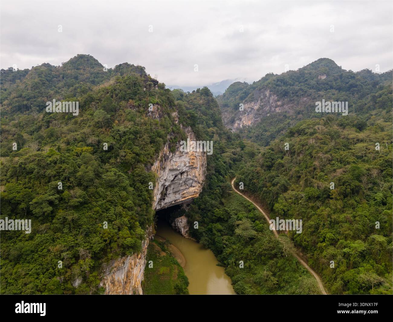 Un fiume scorre attraverso la grotta di Puong sotto torreggianti scogliere calcaree circondate da colline carsiche boscose. Foto Stock