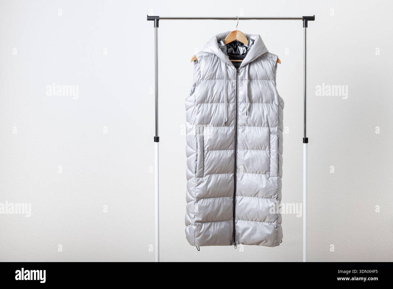 Giacca in piuma color argento metallizzato su appendiabiti su sfondo bianco. Abbigliamento autunnale o invernale. Stile alla moda. Foto Stock