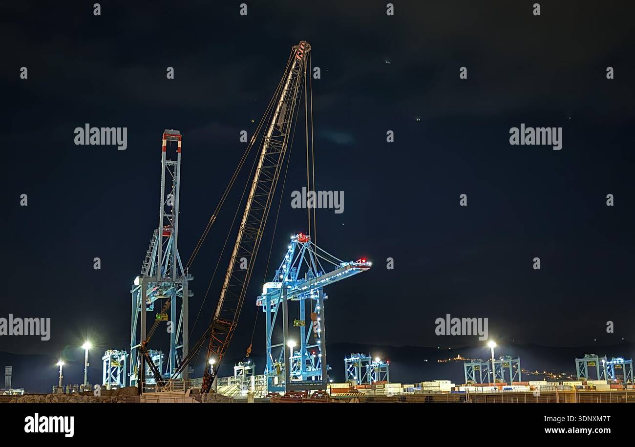 Porto di Savona con gru e container oltreoceano di notte Foto Stock