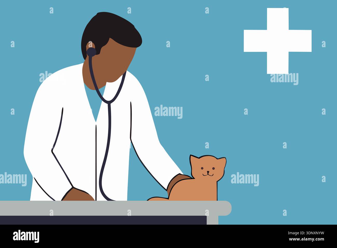 Un veterinario di discendenza africana controlla delicatamente la salute di un gatto in una clinica luminosa. Il gatto appare calmo e rilassato sul tavolo esame durante un Foto Stock