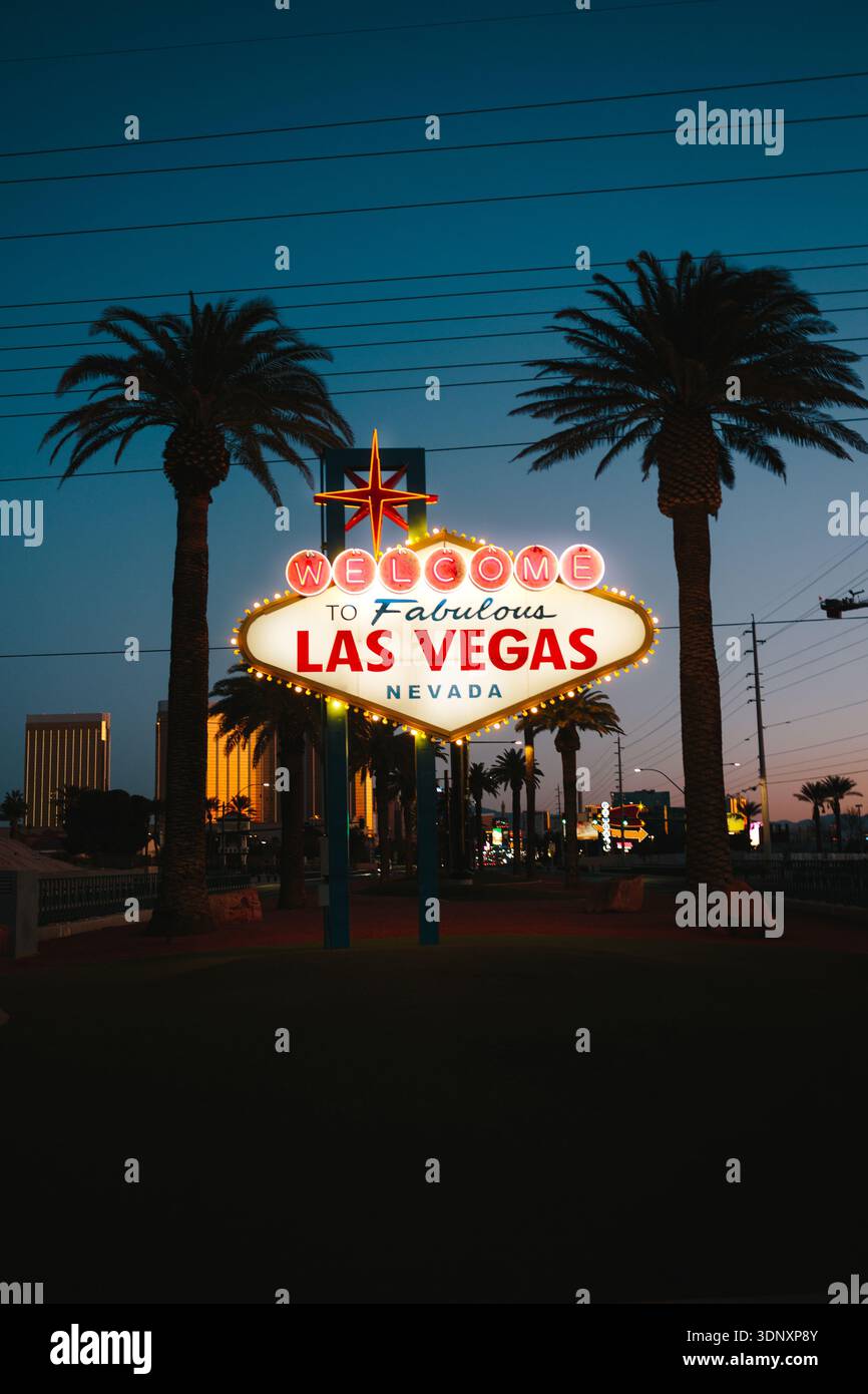 L'iconico cartello Welcome to Fabulous Las Vegas è illuminato contro il cielo serale, circondato da palme. Un ingresso classico al vibrante worl Foto Stock