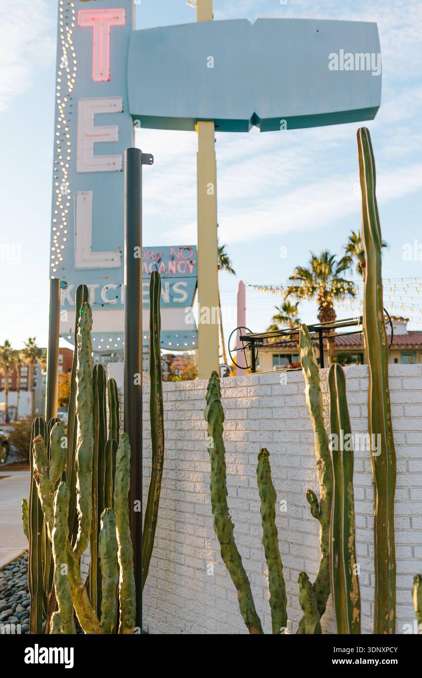 Insegna al neon del motel illuminata su un cielo limpido, circondata da alti cactus verdi a Las Vegas. L'insegna in stile vintage evoca la classica nostalgia sul ciglio della strada e. Foto Stock