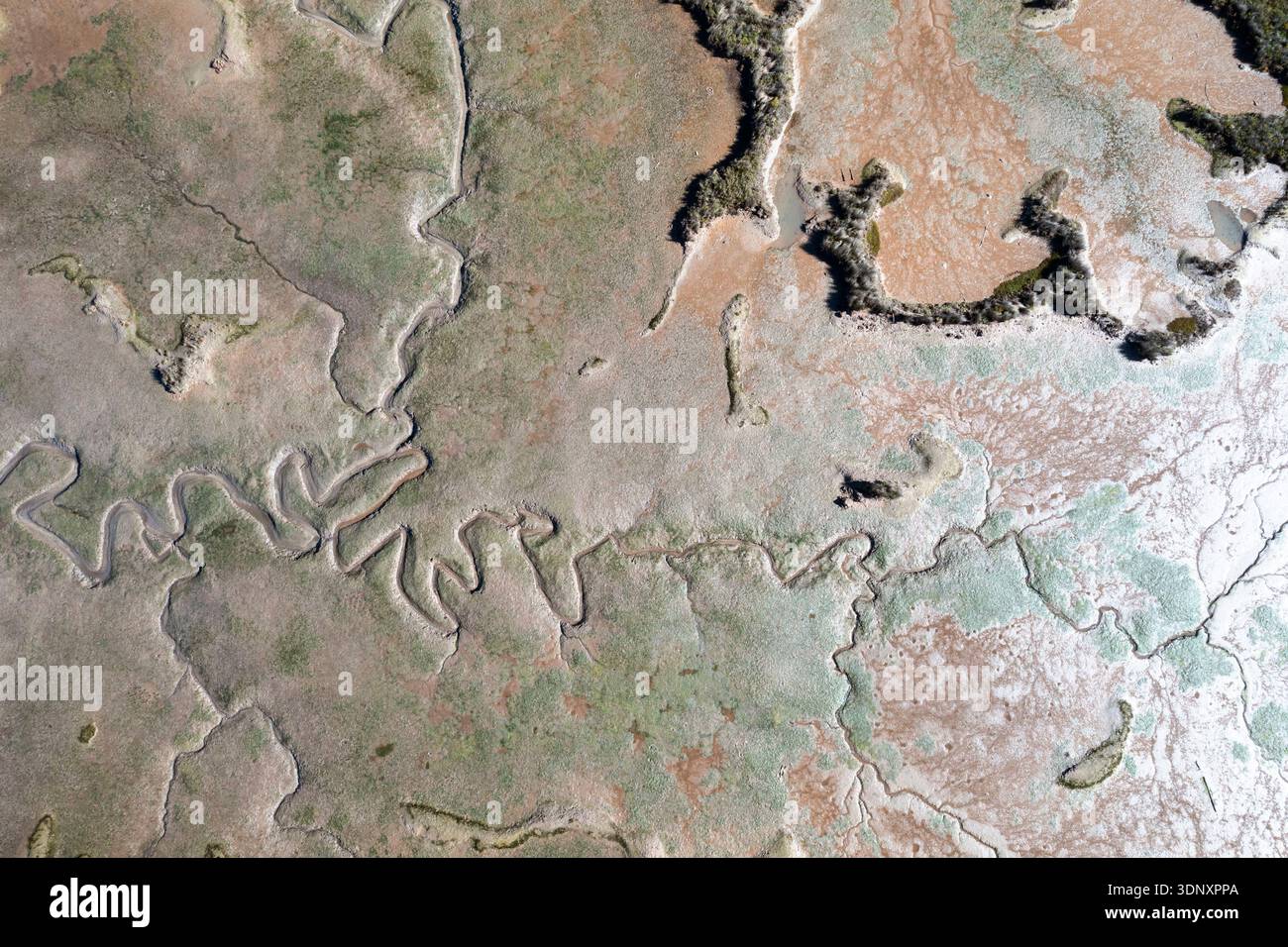Vista aerea che cattura la bellezza incontaminata delle vaste zone umide della Cantabria. Gli intricati schemi di acqua e terra creano una miscela armoniosa di nat Foto Stock