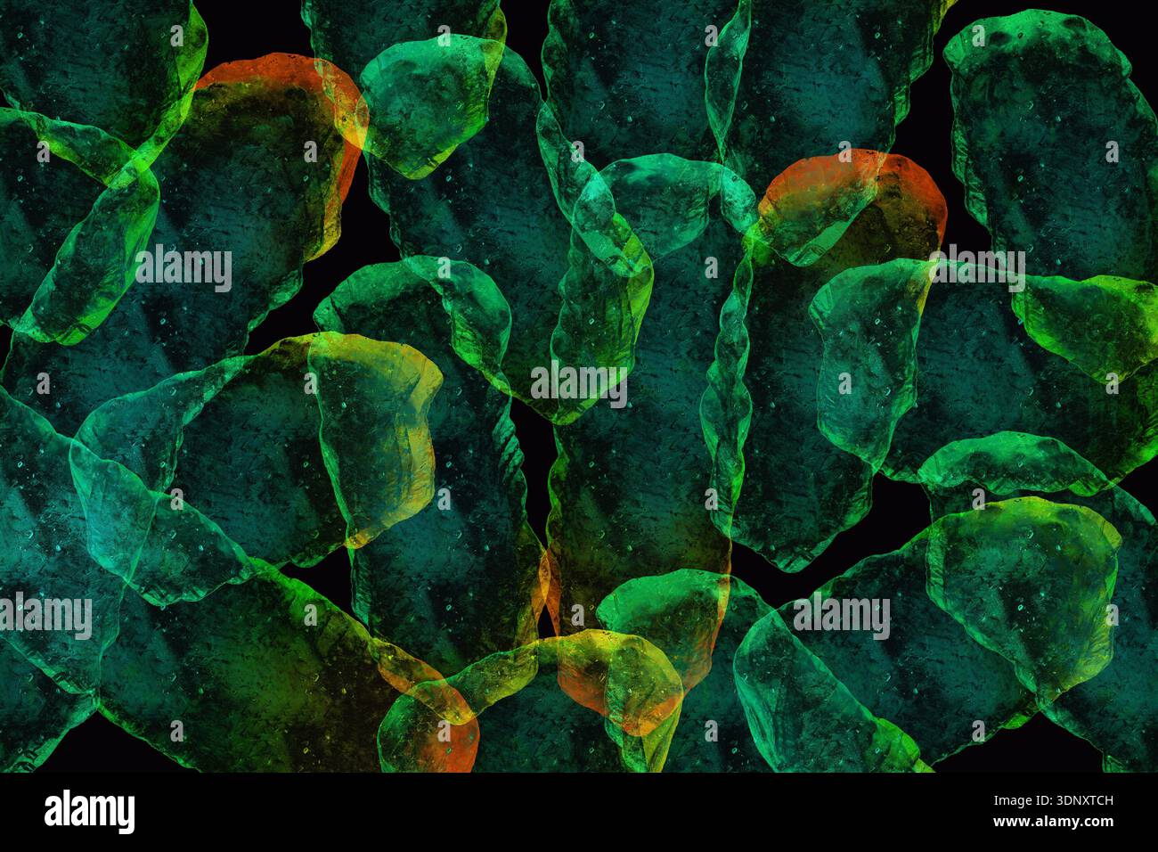 Questa vivace illustrazione presenta motivi al neon sovrapposti nelle tonalità verde e arancione, creando uno sfondo dinamico. Il design astratto evoca un senso Foto Stock