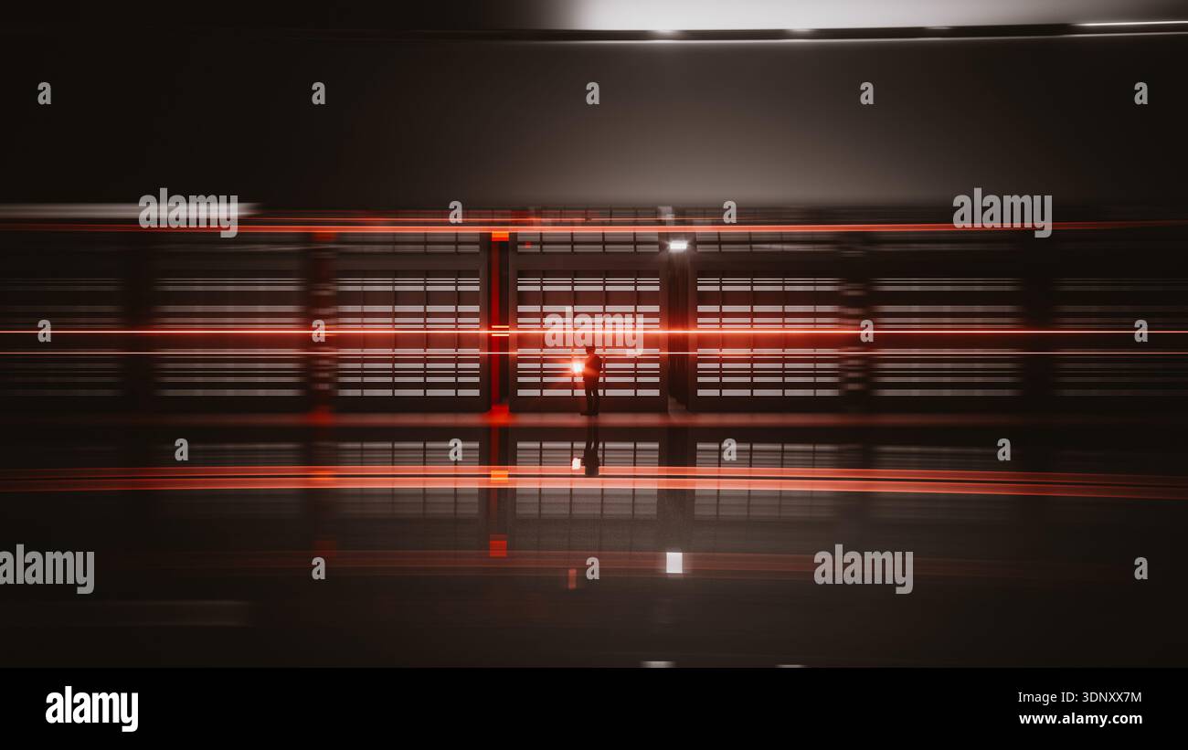 Un tecnico è impegnato con un notebook all'interno di un data center all'avanguardia. Le luci brillanti creano un'atmosfera dinamica piena di tecnologia. Foto Stock