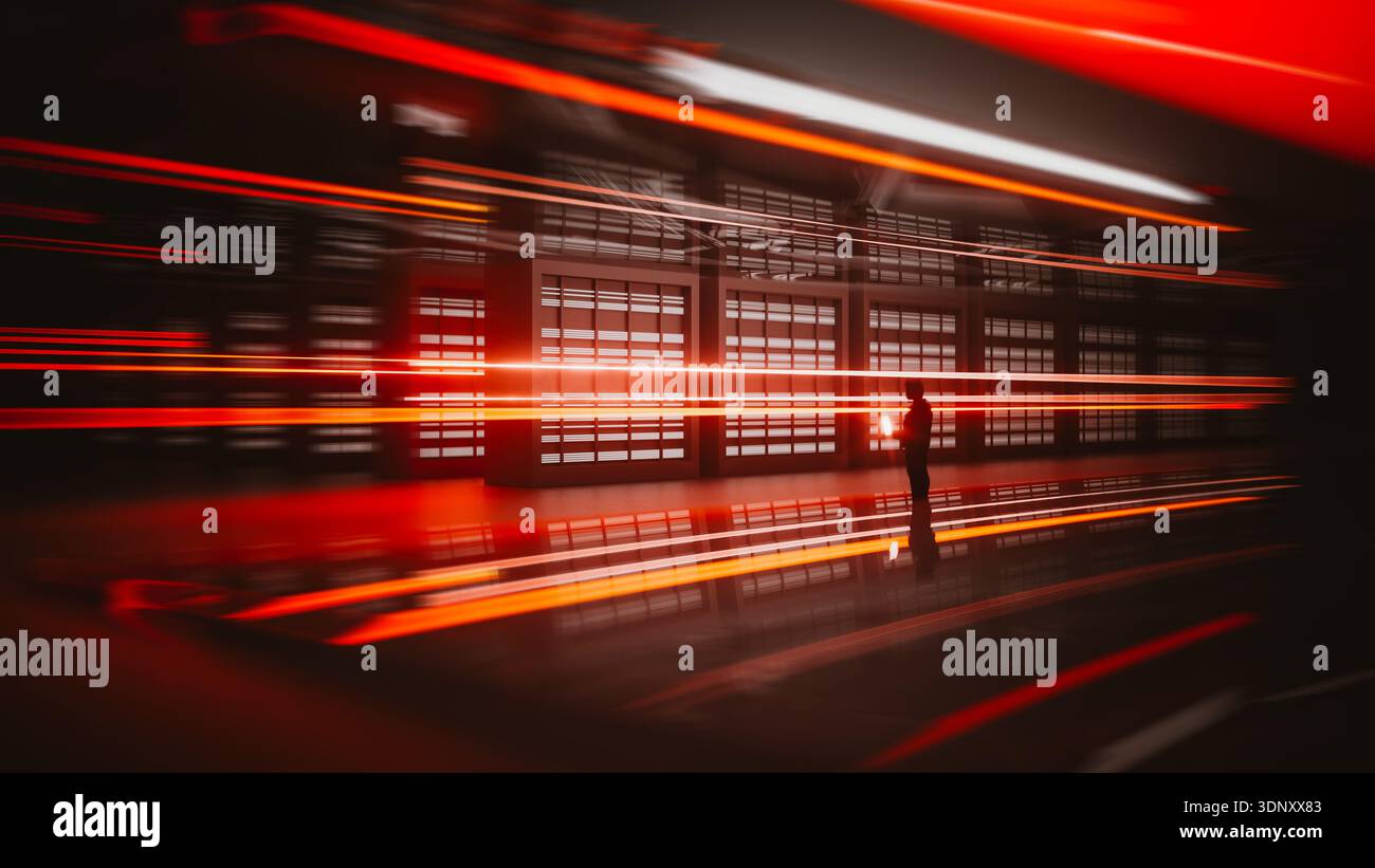 Un tecnico è impegnato con un notebook all'interno di un data center all'avanguardia. Le luci brillanti creano un'atmosfera dinamica piena di tecnologia. Foto Stock