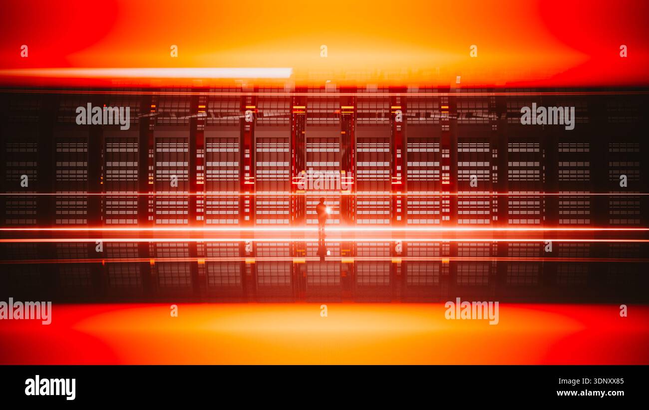Un tecnico è impegnato con un notebook all'interno di un data center all'avanguardia. Le luci brillanti creano un'atmosfera dinamica piena di tecnologia. Foto Stock