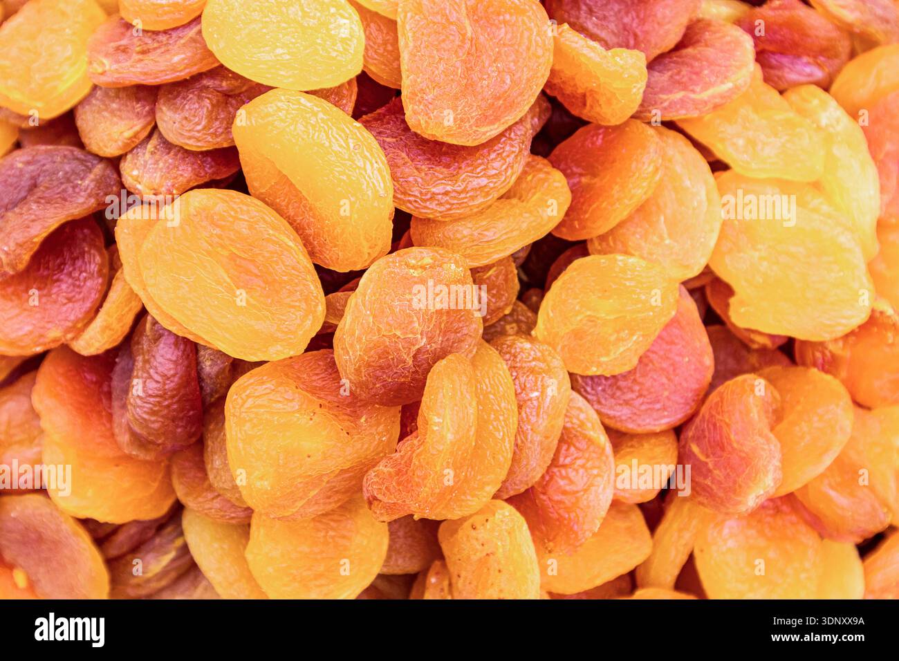Vista dall'alto di una collezione di vivaci albicocche essiccate nelle sfumature di arancio e ambra. Le albicocche sono strettamente confezionate, creando un foo testurizzato e naturale Foto Stock