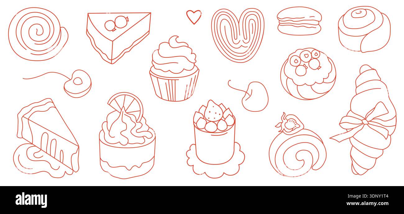 Set di icone della linea di prodotti da forno con dessert, torte e pasticcini per il design del menu e per l'uso commerciale Illustrazione Vettoriale
