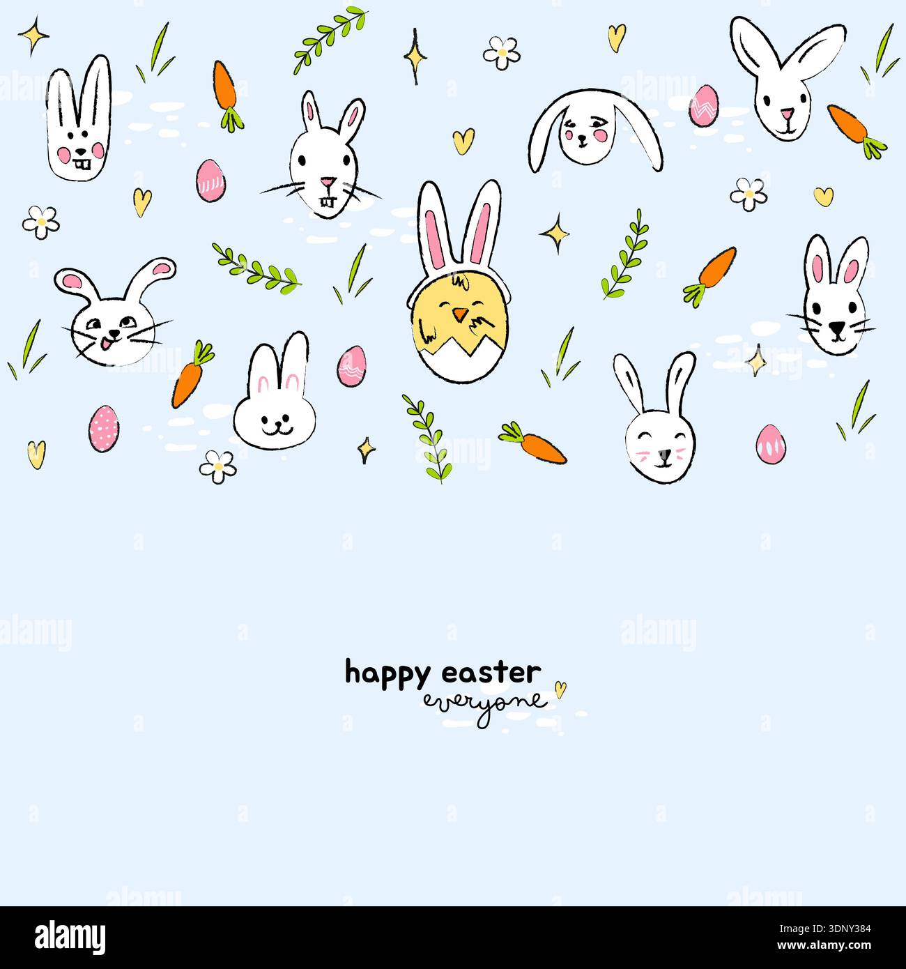 Biglietto d'auguri pasquale con i personaggi del coniglietto pasquale, una pulcino con un cappello di orecchie di coniglio e varie decorazioni pasquali (uova di Pasqua, carote, fiori, cuore Illustrazione Vettoriale